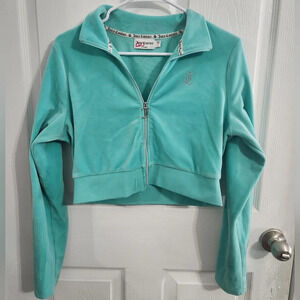 Juicy Couture teal Velour cropped jacket full zip y2k 90s glam bling Large